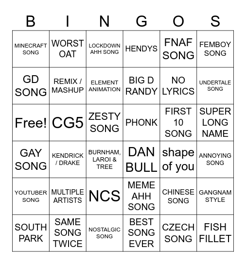 RANDOM SONGS BINGO Card