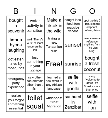 Tanzania Bingo Card