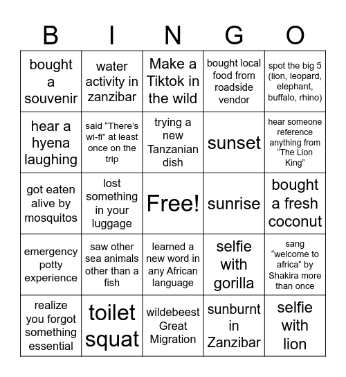 Tanzania Bingo Card