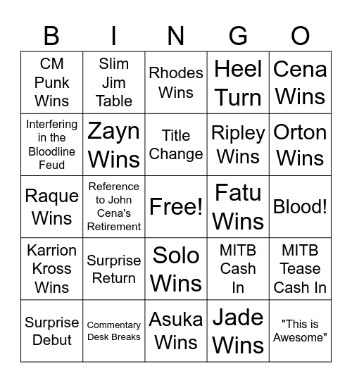 WWE Night of Champions 2025 Bingo Card