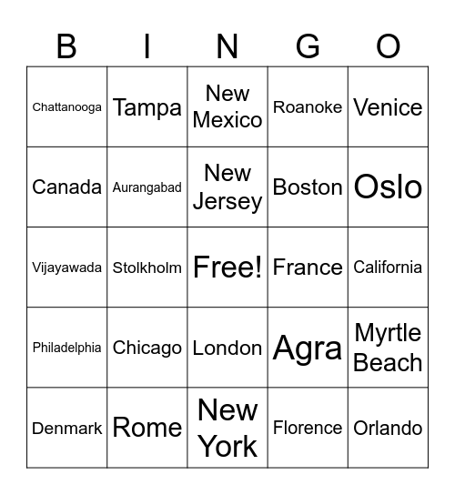 Oh!  The Places We’ve Been Bingo Card