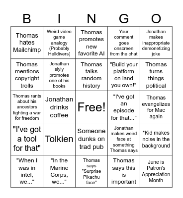 Author Update Bingo Card