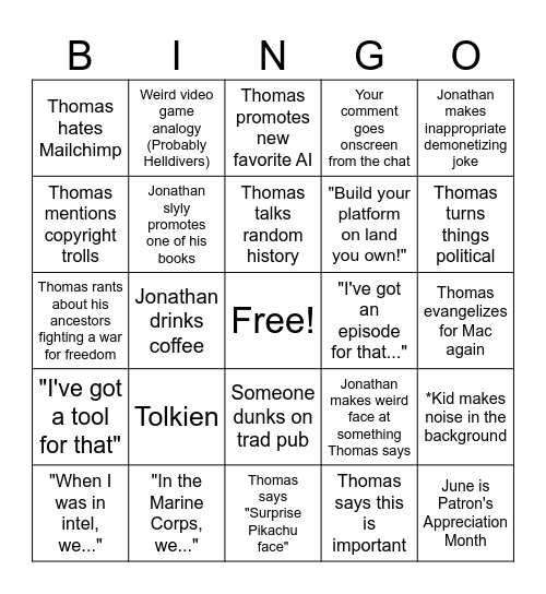 Author Update Bingo Card