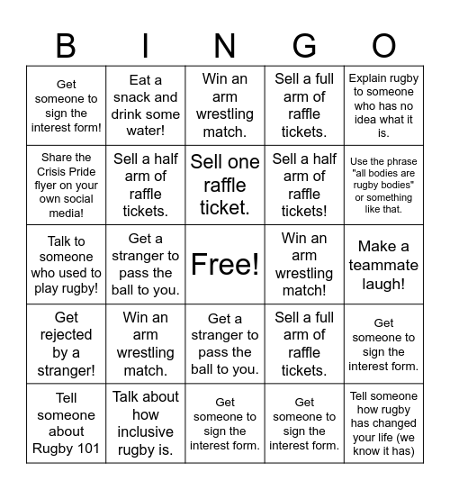 Rugby Pride Bingo Card