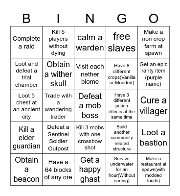Normal dificulty Bingo Card