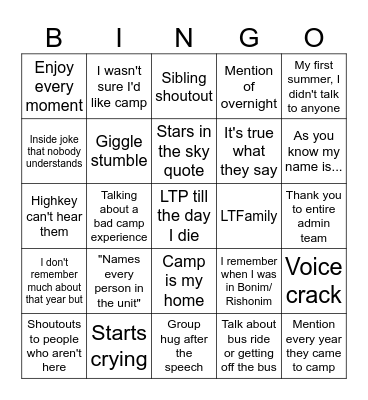 LTP Speech Bingo Card