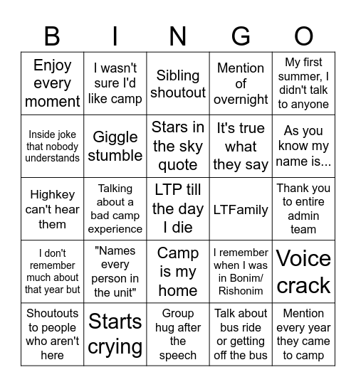 LTP Speech Bingo Card