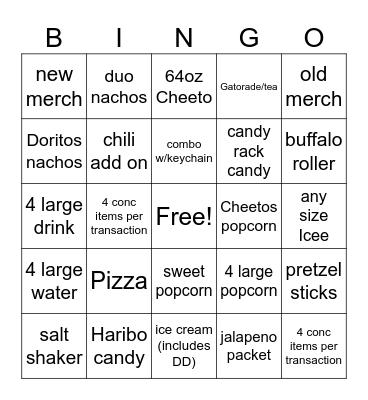 Fairfax Concession Bingo Card