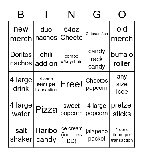 Fairfax Concession Bingo Card