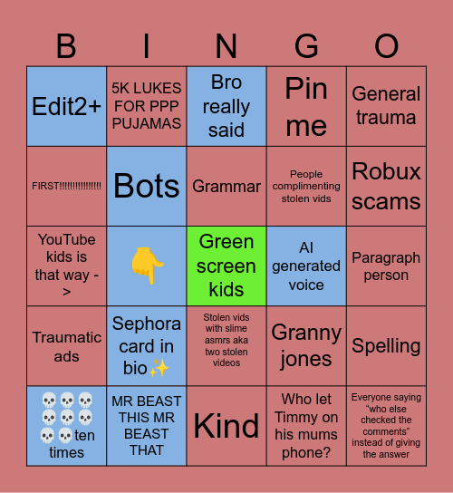 Comment section bingo Card