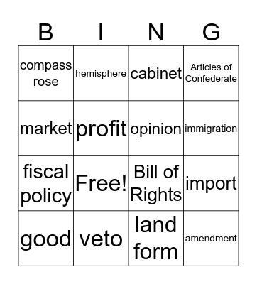 Social Studies Vocabulary Bingo Card