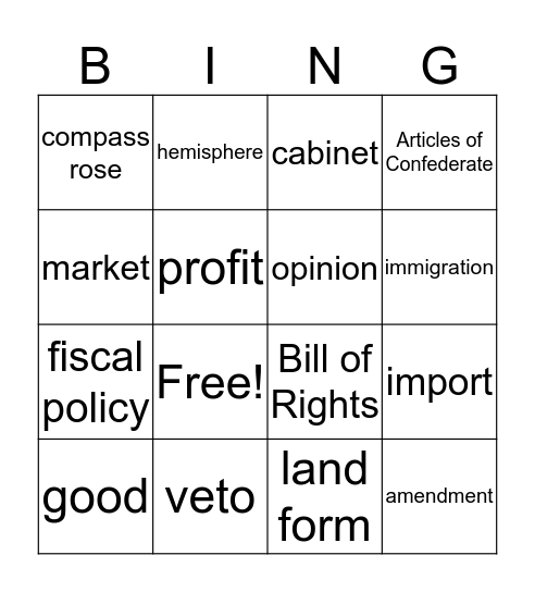 Social Studies Vocabulary Bingo Card