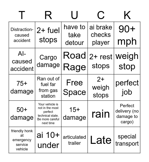 American Truck Simulator Bingo Card