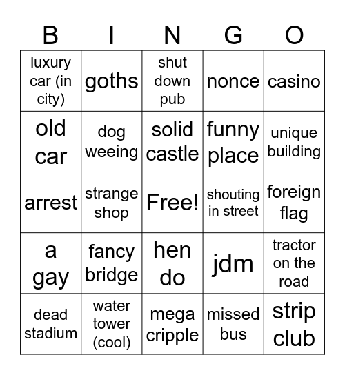 roadtrip Bingo Card