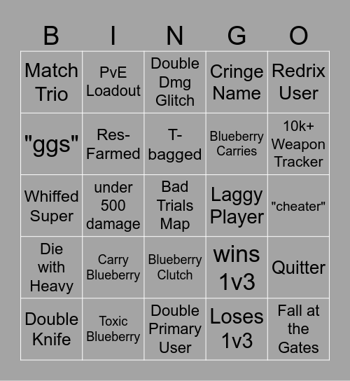 Trials Bingo Card