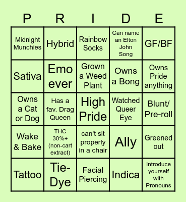 Cannabis Pride Bingo Card