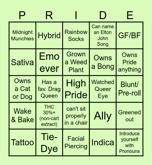 Cannabis Pride Bingo Card