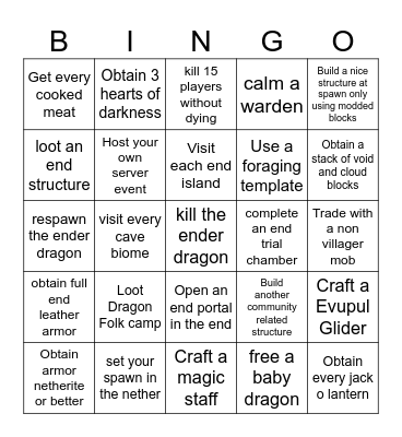 Hard dificulty Bingo Card