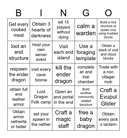 Hard dificulty Bingo Card