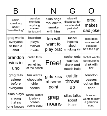 Friends beach trip bingo Card
