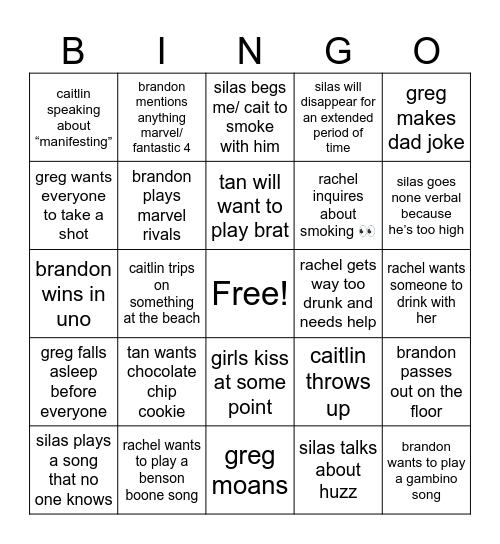 Friends beach trip bingo Card