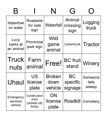 Road Trip Bingo Card