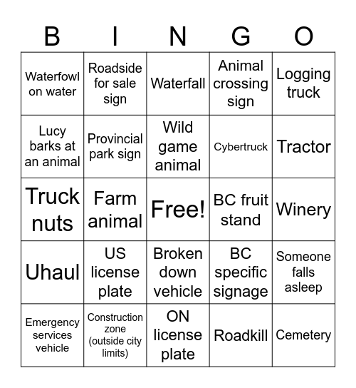 Road Trip Bingo Card