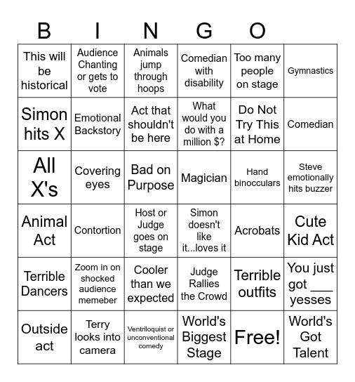 America's Got Talent Bingo Card