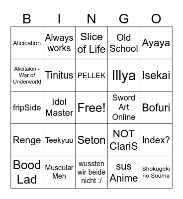 Anime Music Quiz Bingo Card