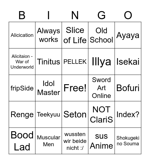 Anime Music Quiz Bingo Card