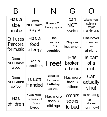 Get to Know Your Peers! Bingo Card