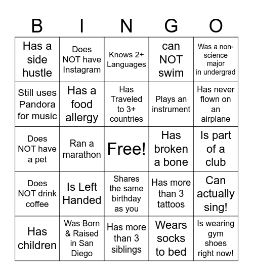 Get to Know Your Peers! Bingo Card