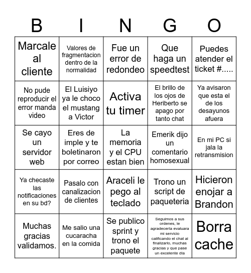 GM Transport Bingo Card