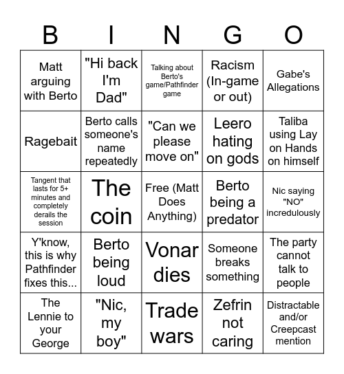 Dungeons and Bingo Card