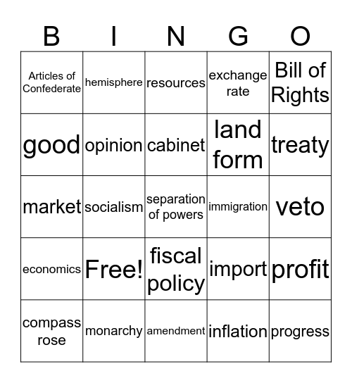 Social Studies Vocabulary Bingo Card