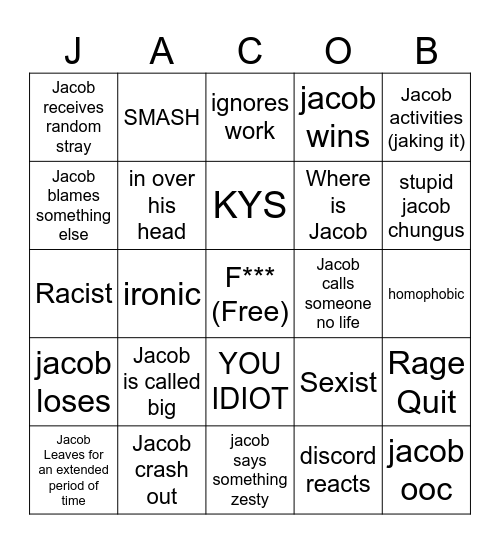 Jacob Williams Bingo Card