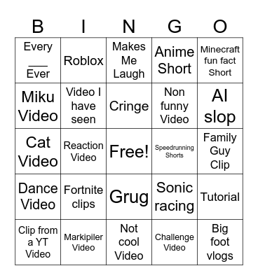 YT Shorts Bingo Card
