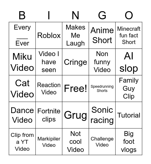 YT Shorts Bingo Card