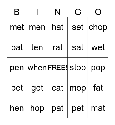 Word Families Bingo Card