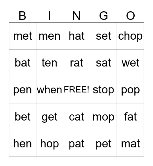 Word Families Bingo Card