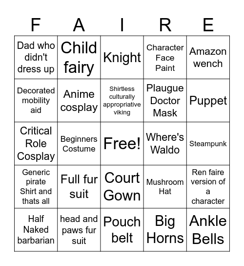 Patron Costume Watching Bingo Card