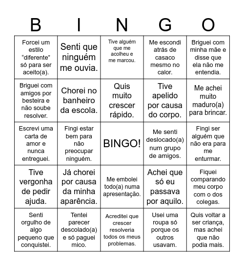 Pré adolescência e Adolescência Bingo Card