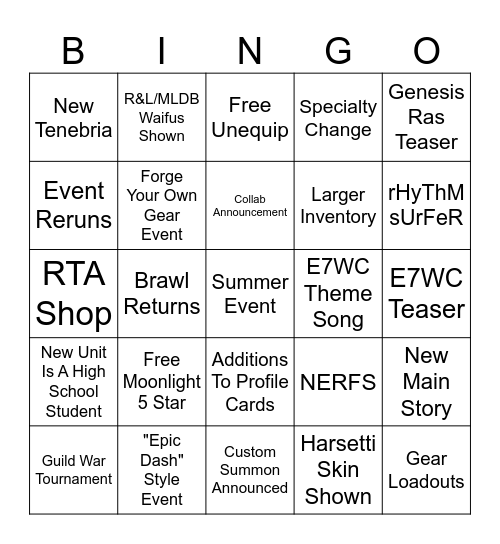 Epic Seven Summer Announcement Bingo Card