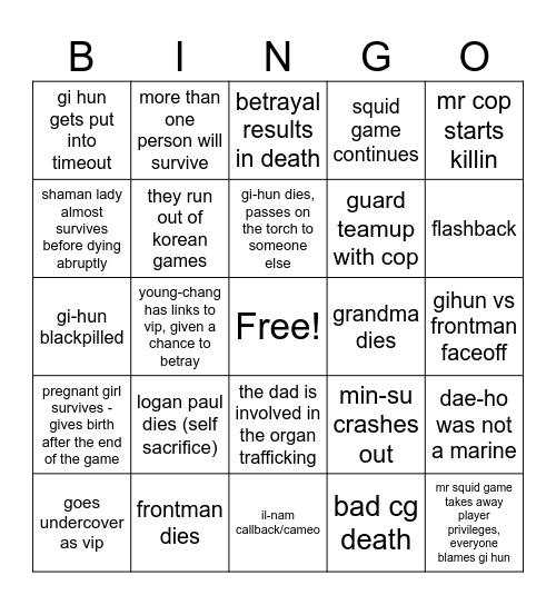 season 3 squid game Bingo Card