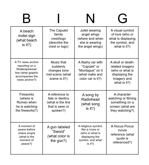 ROMEO AND JULIET VERSION 1 Bingo Card