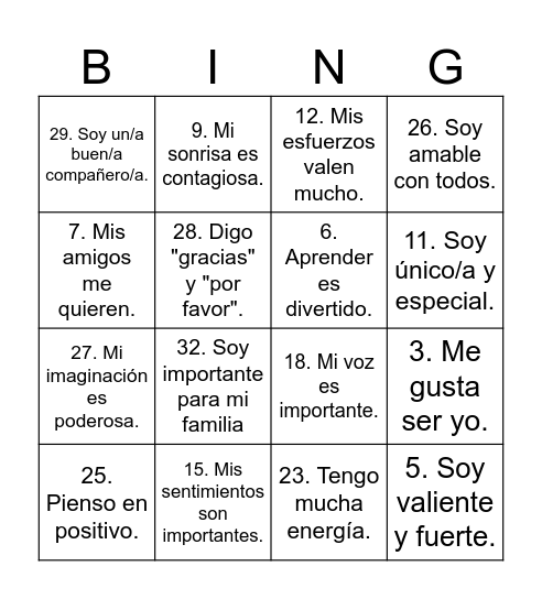 Bingo de la autoestima Bingo Card