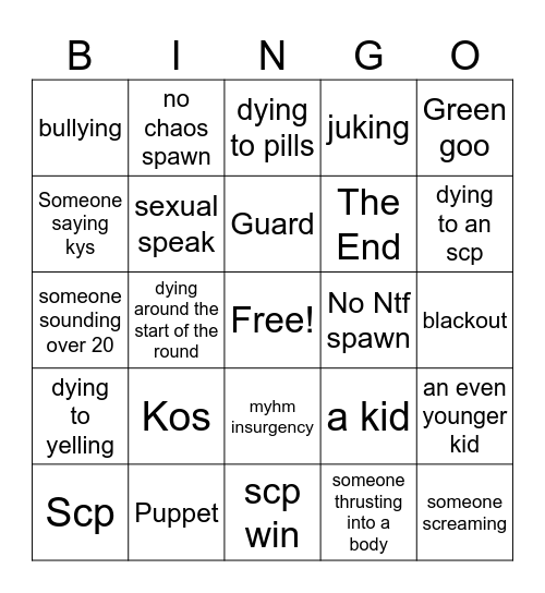 Scp sl bingo bored Bingo Card