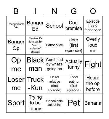 Anime bingo Card