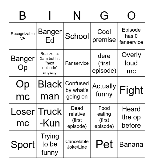 Anime bingo Card