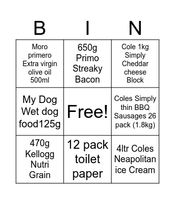 Shopping list & cost Bingo Card